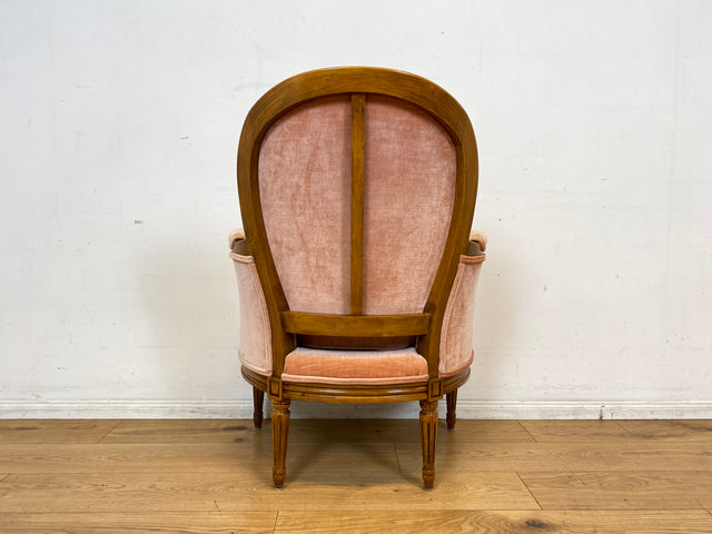 Eleganter, gemütlicher und sehr gut erhaltener Vintage Sessel in antikem Stil mit handverziertem Holzrahmen und altrosa Bezug I Lesesessel Salonsessel Stuhl Stilmöbel I