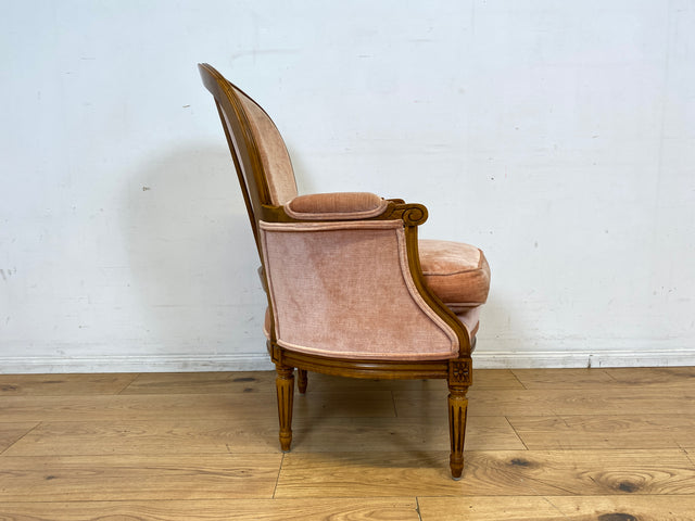 Eleganter, gemütlicher und sehr gut erhaltener Vintage Sessel in antikem Stil mit handverziertem Holzrahmen und altrosa Bezug I Lesesessel Salonsessel Stuhl Stilmöbel I