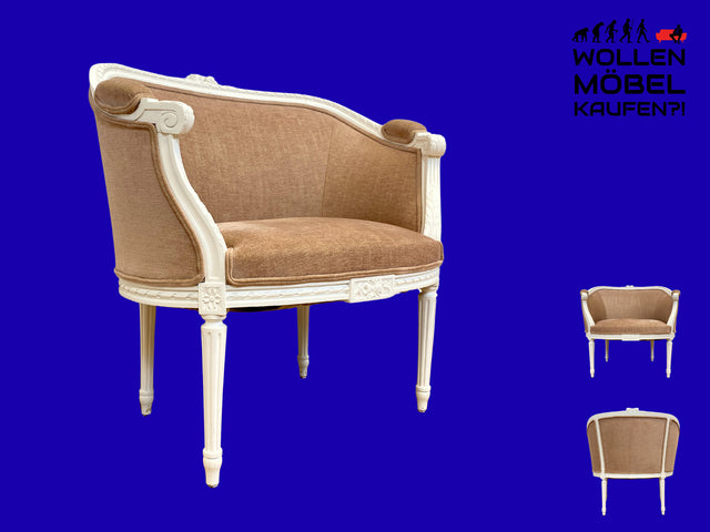 Besonders schöner 60er Jahre Sessel in antikem Stil mit weißem handverziertem Holzrahmen und altrosa Bezug I Lesesessel Salonsessel Bank Sitzbank Stilmöbel Barock Vintage I