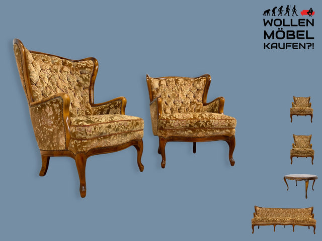 Wunderschöner Chippendale Sessel mit handverziertem Holzrahmen, samtartigem Altrosa Brokat Bezug & Federkern I Lesesessel Ohrensessel Sitzgarnitur Barock Vintage Stilmöbel I