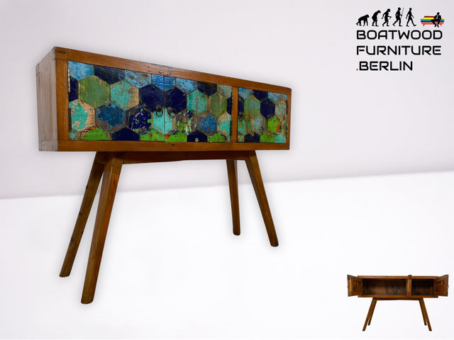 Wunderschöne und nachhaltige Kommode handgefertigt aus altem Bootsholz in Originalfarben I Teakholz massiv I Sideboard Schrank Konsole Flurkommode Wäschekommode I