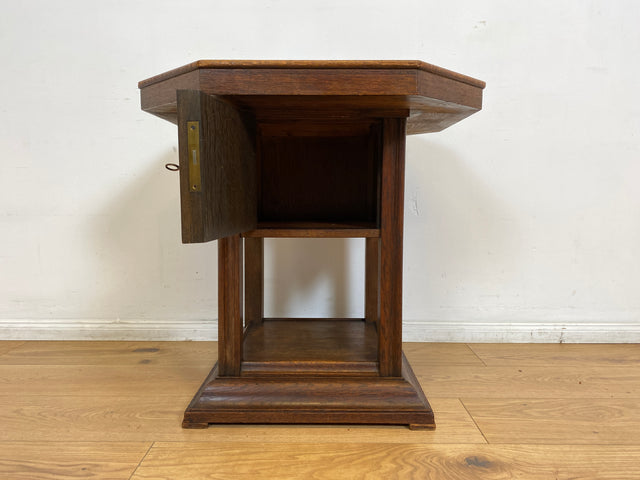 WMK I Hochwertiger achteckiger antiker Beistelltisch aus Eichenholz mit Marmor Platte und großem Fach I Marmortisch Salontisch Rauchertisch Zigarrentisch Spieltisch Säule Art Deco Jugendstil Vintage