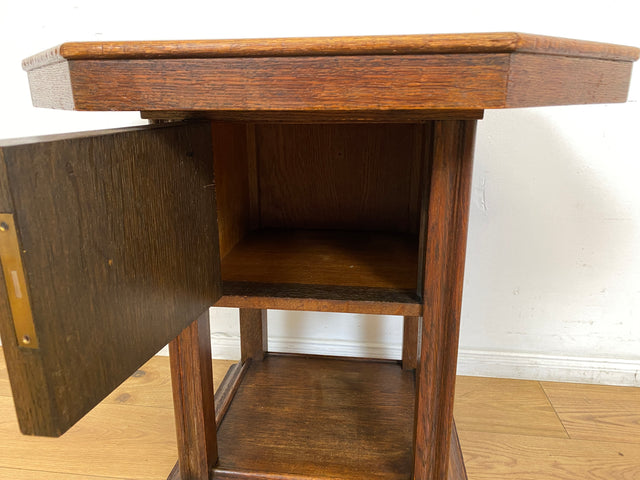 WMK I Hochwertiger achteckiger antiker Beistelltisch aus Eichenholz mit Marmor Platte und großem Fach I Marmortisch Salontisch Rauchertisch Zigarrentisch Spieltisch Säule Art Deco Jugendstil Vintage