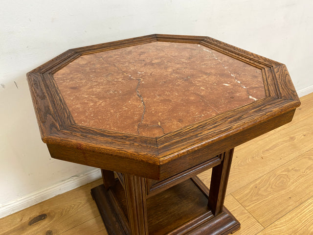 WMK I Hochwertiger achteckiger antiker Beistelltisch aus Eichenholz mit Marmor Platte und großem Fach I Marmortisch Salontisch Rauchertisch Zigarrentisch Spieltisch Säule Art Deco Jugendstil Vintage