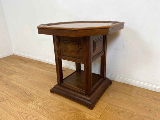 WMK I Hochwertiger achteckiger antiker Beistelltisch aus Eichenholz mit Marmor Platte und großem Fach I Marmortisch Salontisch Rauchertisch Zigarrentisch Spieltisch Säule Art Deco Jugendstil Vintage