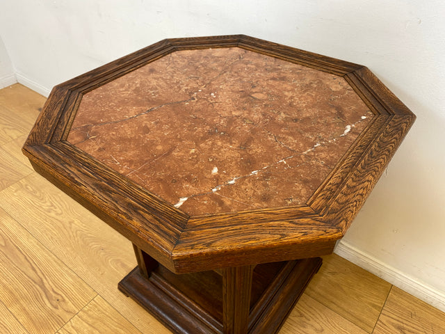 WMK I Hochwertiger achteckiger antiker Beistelltisch aus Eichenholz mit Marmor Platte und großem Fach I Marmortisch Salontisch Rauchertisch Zigarrentisch Spieltisch Säule Art Deco Jugendstil Vintage