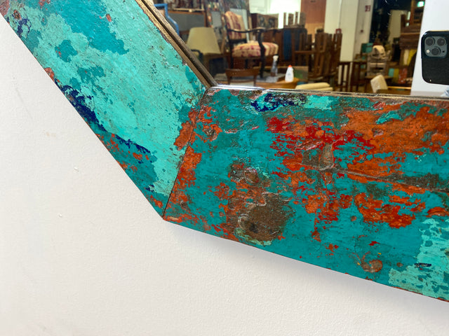 Boatwood by WMK # Großer achtkantiger Wandspiegel in Meeresblau, ein aus altem Bootsholz handgefertigtes Unikat aus Teakholz # grüner Oktagon Spiegel Badspiegel Flurspiegel octagon Mirror Bootsmöbel
