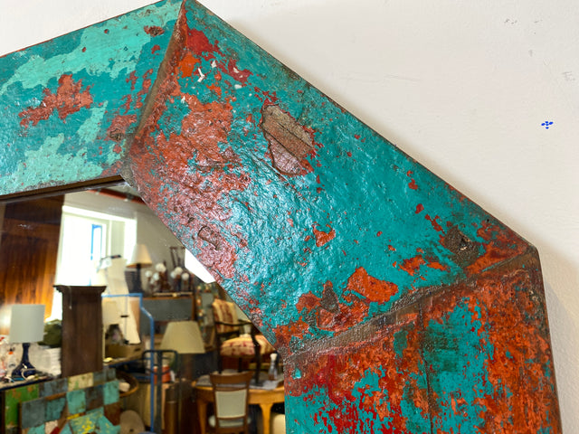 Boatwood by WMK # Großer achtkantiger Wandspiegel in Meeresblau, ein aus altem Bootsholz handgefertigtes Unikat aus Teakholz # grüner Oktagon Spiegel Badspiegel Flurspiegel octagon Mirror Bootsmöbel