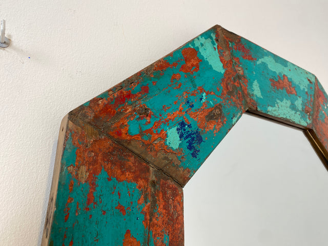 Boatwood by WMK # Großer achtkantiger Wandspiegel in Meeresblau, ein aus altem Bootsholz handgefertigtes Unikat aus Teakholz # grüner Oktagon Spiegel Badspiegel Flurspiegel octagon Mirror Bootsmöbel