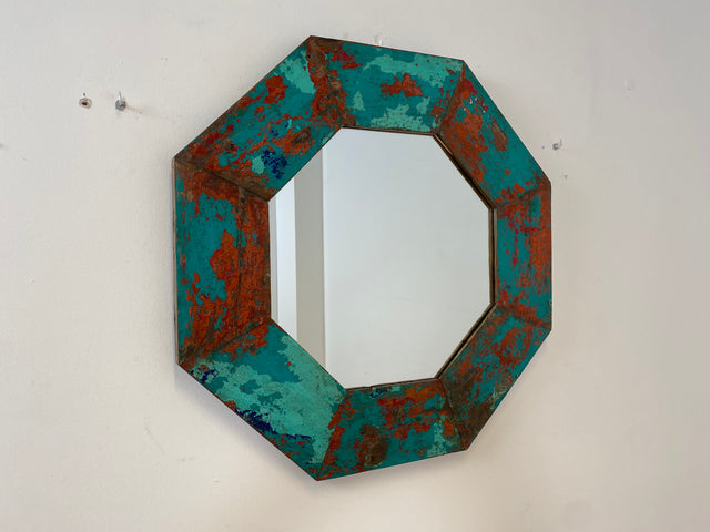 Boatwood by WMK # Großer achtkantiger Wandspiegel in Meeresblau, ein aus altem Bootsholz handgefertigtes Unikat aus Teakholz # grüner Oktagon Spiegel Badspiegel Flurspiegel octagon Mirror Bootsmöbel