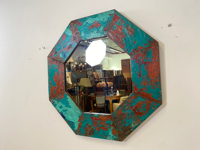 Boatwood by WMK # Großer achtkantiger Wandspiegel in Meeresblau, ein aus altem Bootsholz handgefertigtes Unikat aus Teakholz # grüner Oktagon Spiegel Badspiegel Flurspiegel octagon Mirror Bootsmöbel