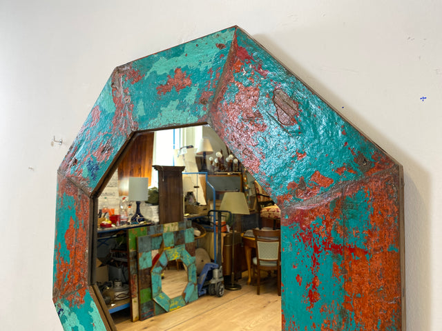Boatwood by WMK # Großer achtkantiger Wandspiegel in Meeresblau, ein aus altem Bootsholz handgefertigtes Unikat aus Teakholz # grüner Oktagon Spiegel Badspiegel Flurspiegel octagon Mirror Bootsmöbel