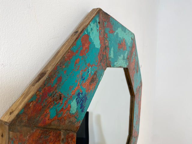 Boatwood by WMK # Großer achtkantiger Wandspiegel in Meeresblau, ein aus altem Bootsholz handgefertigtes Unikat aus Teakholz # grüner Oktagon Spiegel Badspiegel Flurspiegel octagon Mirror Bootsmöbel