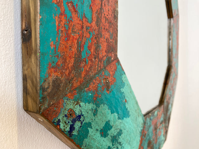 Boatwood by WMK # Großer achtkantiger Wandspiegel in Meeresblau, ein aus altem Bootsholz handgefertigtes Unikat aus Teakholz # grüner Oktagon Spiegel Badspiegel Flurspiegel octagon Mirror Bootsmöbel