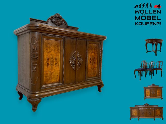 WMK I Imposante antike Anrichte aus massiver Eiche, handverziert, mit ausziehbarer Marmor Ablage I Schrank Büfett Buffet Kommode Sideboard Geschirrschrank Gründerzeit Vintage I Berlin Jena München