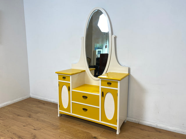 WMK I Sonnengelbe antike Spiegelkommode aus vollem Holz mit neigbarem Spiegel und Schubladen I Frisierkommode Wäschekommode Anrichte Garderobe Flurkommode Jugendstil Vintage Dresden Potsdam Dortmund