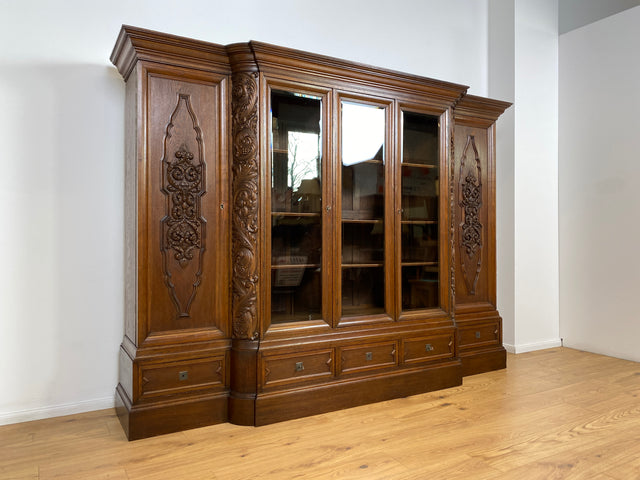 WMK # Impressive &amp; very well preserved antique bookcase made of solid oak with hand-carved wooden applications # Living room cabinet cupboard display cabinet bookcase bookshelf Wilhelminian era vintage