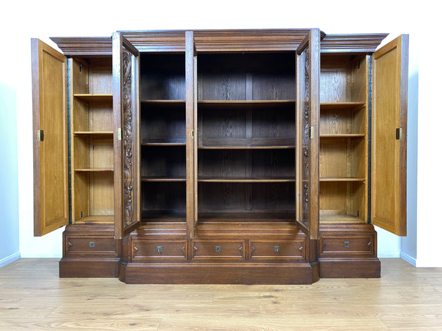 WMK # Impressive &amp; very well preserved antique bookcase made of solid oak with hand-carved wooden applications # Living room cabinet cupboard display cabinet bookcase bookshelf Wilhelminian era vintage