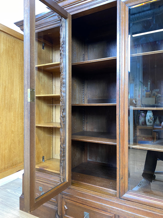 WMK # Impressive &amp; very well preserved antique bookcase made of solid oak with hand-carved wooden applications # Living room cabinet cupboard display cabinet bookcase bookshelf Wilhelminian era vintage