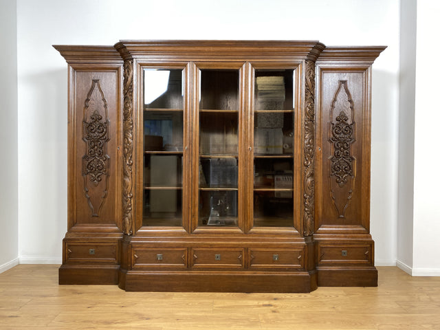 WMK # Impressive &amp; very well preserved antique bookcase made of solid oak with hand-carved wooden applications # Living room cabinet cupboard display cabinet bookcase bookshelf Wilhelminian era vintage