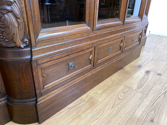 WMK # Impressive &amp; very well preserved antique bookcase made of solid oak with hand-carved wooden applications # Living room cabinet cupboard display cabinet bookcase bookshelf Wilhelminian era vintage