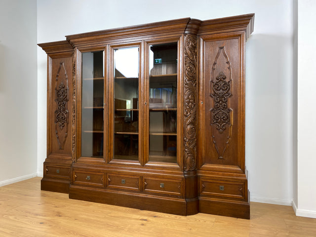 WMK # Impressive &amp; very well preserved antique bookcase made of solid oak with hand-carved wooden applications # Living room cabinet cupboard display cabinet bookcase bookshelf Wilhelminian era vintage