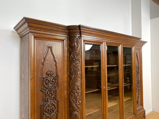 WMK # Impressive &amp; very well preserved antique bookcase made of solid oak with hand-carved wooden applications # Living room cabinet cupboard display cabinet bookcase bookshelf Wilhelminian era vintage