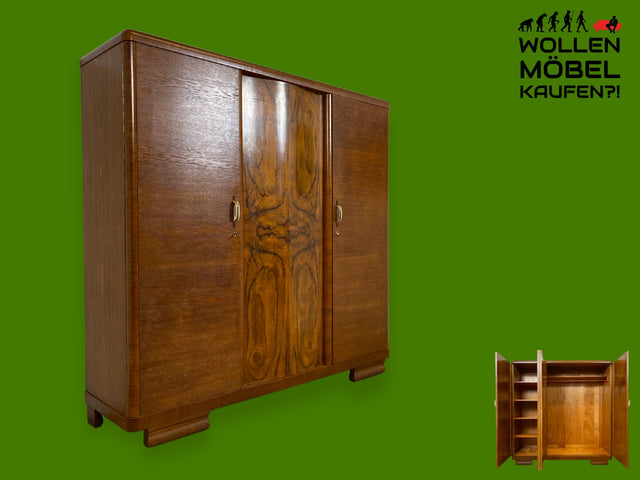 WMK I Wunderschöner antiker Kleiderschrank aus vollem Holz in Nussbaum und Wurzelholz mit Originalgriffen I Schrank Schlafzimmerschrank Wardrobe Wäscheschrank Art Deco 30er Vintage Berlin Bonn Halle