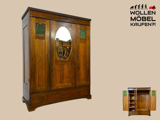 WMK I Wunderschöner antiker Kleiderschrank aus vollem Holz mit Spiegel und grünen Glaseinsätzen I Schrank Schlafzimmerschrank Wäscheschrank Wardrobe Vertiko Jugendstil Vintage I Berlin Osnabrück Jena