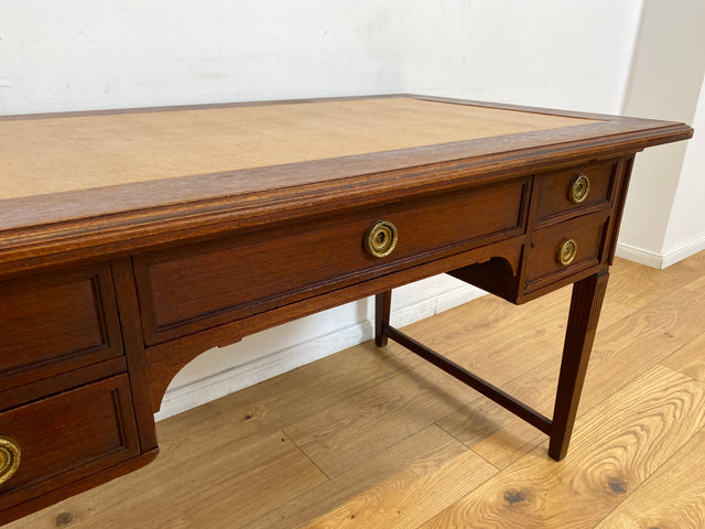 WMK # Sehr schöner freistehender antiker Mahagoni Schreibtisch in englischem Stil mit Lederauflage, Schubladen und Messinggriffen # Arbeitstisch Desk Lady Sekretär Bureau Plat Emipire Regency Vintage