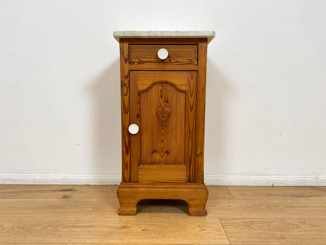WMK Schöner großer antiker Nachttisch aus Dänemark, Vollholz, mit Marmor Auflage & Schublade # Nachtschrank Nachtkommode Beistelltisch Marmorkommode Flurkommode Ablage Weichholz Jugendstil Vintage