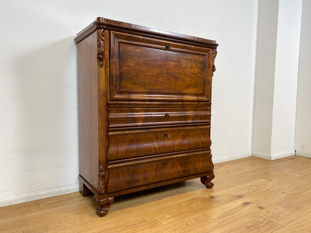 WMK I Wunderschöner antiker Sekretär , Vollholz in Nussbaum , mit Schubladen und stabiler Schreibklappe, um 1860 I Schrank Schreibschrank Highboard Kommode Desk Biedermeier Vintage Berlin Dresden Bonn