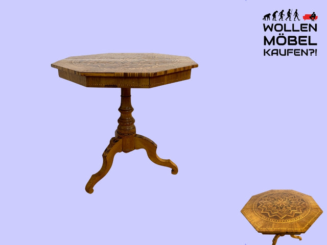 WMK I Eleganter antiker italienischer Sorrento Tisch I 1880-1900 I aufwendige Intarsien mit Sternrosette I gedrechselte Dreifuß Säule I Salontisch Beistelltisch Couchtisch Holztisch Vintage