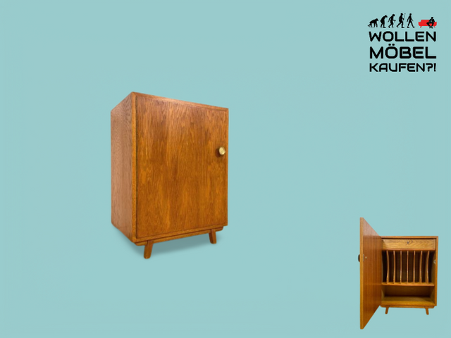 WMK Formschlichte & sehr gut erhaltene kleine Mid-Century Kommode aus vollem Eichenholz mit Schublade & Fach für Schallplatten # Phonoschrank Vinyl Plattenschrank  Nachttisch Nachtschrank Vintage 60er