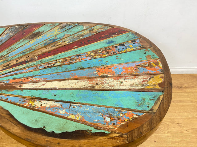 Boatwood by WMK I Einzigartiger bunter Nierentisch aus altem Bootsholz I ein handmade Unikat aus massivem Teakholz in Originalfarben I Couchtisch Wohnzimmertisch Coffee Table Berlin Hamburg Duisburg