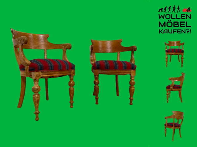 WMK I 1/2 Vornehmer dänischer antiker Salonstuhl aus Eiche mit Armlehnen und rot gestreiftem Sitzbezug, um 1900 I Stuhl Sessel Armchair Esszimmer Küchenstuhl Biedermeier Vintage Berlin Dresden Weimer