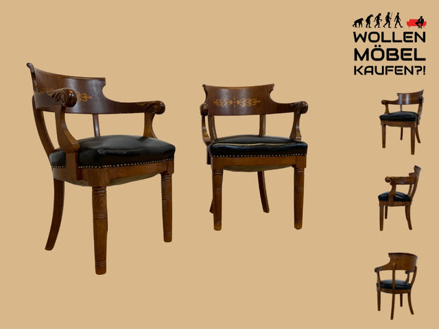 WMK I 1/2 Vornehmer dänischer antiker Salonstuhl mit Armlehnen, Intarsien und schwarzem Kunst Leder, um 1900 I Stuhl Sessel Armchair Esszimmer Küchenstuhl Biedermeier Vintage Berlin München Stuttgart