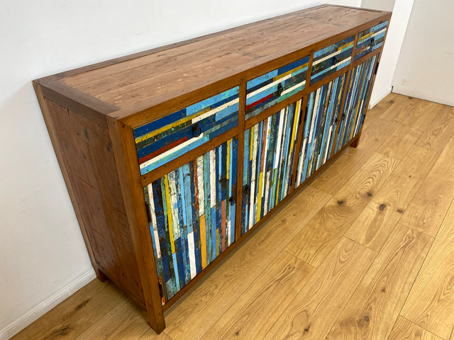 Boatwood by WMK I Bunterschönes und detailreiches Sideboard mit Schubladen , ein aus altem Bootsholz handgefertigtes Unikat aus massivem Teakholz # Kommode Schrank Anrichte Flur Wäsche Bootsmöbel