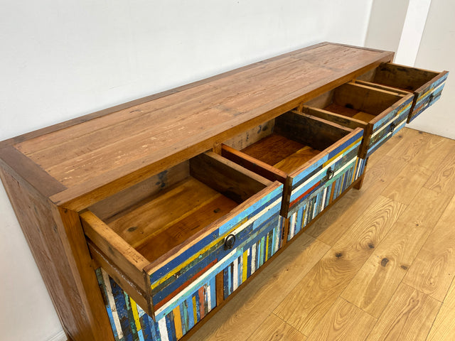 Boatwood by WMK I Bunterschönes und detailreiches Sideboard mit Schubladen , ein aus altem Bootsholz handgefertigtes Unikat aus massivem Teakholz # Kommode Schrank Anrichte Flur Wäsche Bootsmöbel