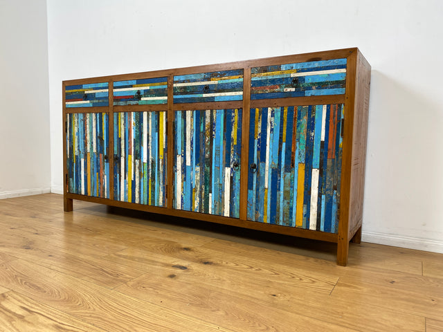 Boatwood by WMK I Bunterschönes und detailreiches Sideboard mit Schubladen , ein aus altem Bootsholz handgefertigtes Unikat aus massivem Teakholz # Kommode Schrank Anrichte Flur Wäsche Bootsmöbel