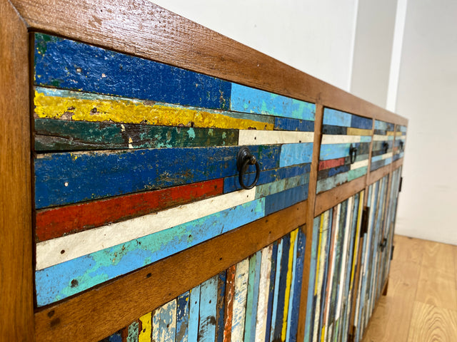 Boatwood by WMK I Bunterschönes und detailreiches Sideboard mit Schubladen , ein aus altem Bootsholz handgefertigtes Unikat aus massivem Teakholz # Kommode Schrank Anrichte Flur Wäsche Bootsmöbel