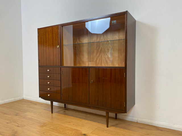 WMK I Sehr schöner dunkler Mid-Century Wohnzimmerschrank aus 1967 in Mahagoni mit Vitrine und Schubladen I Schrank Highboard Anrichte Sideboard Vintage 70er 60er DDR Berlin Leipzig Düsseldorf Bremen