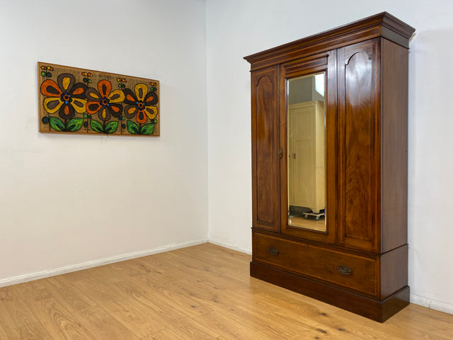 WMK # Eleganter und gut erhaltener englischer antiker Kleiderschrank aus vollem Holz mit Spiegeltür und Schublade # Schrank Vertiko Schlafzimmerschrank Flurschrank Wardrobe Spiegel Jugendstil Vintage