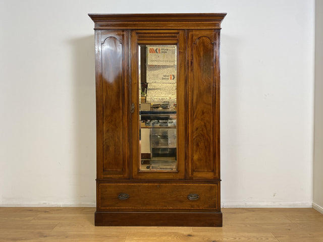 WMK # Eleganter und gut erhaltener englischer antiker Kleiderschrank aus vollem Holz mit Spiegeltür und Schublade # Schrank Vertiko Schlafzimmerschrank Flurschrank Wardrobe Spiegel Jugendstil Vintage