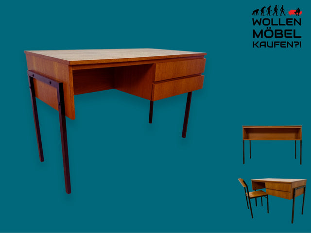 WMK I Stilvoller freistehender 70er Jahre Schreibtisch in Teakholz mit Regal Rückseite I Writing Desk Bürotisch Arbeitstisch Sekretär Mid-Century Vintage Danisch Design Teak I Berlin Hamburg München