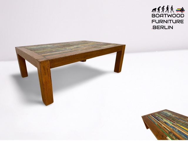 Boatwood by WMK I Einzigartiger großer Couchtisch mit bunter Patchwork Tischplatte I handgefertigtes Unikat aus altem Bootsholz l Teakholz massiv I Wohnzimmertisch Coffee Table Berlin Köln NRW Bayern