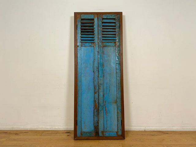 Boatwood by WMK I Einzigartiger großer Wandspiegel aus altem Bootsholz mit Fensterläden in Blau I handgefertigtes Unikat I Teakholz massiv I Ganzkörper Spiegel Stand Mirror Flur Tür Lamellen Garderobe