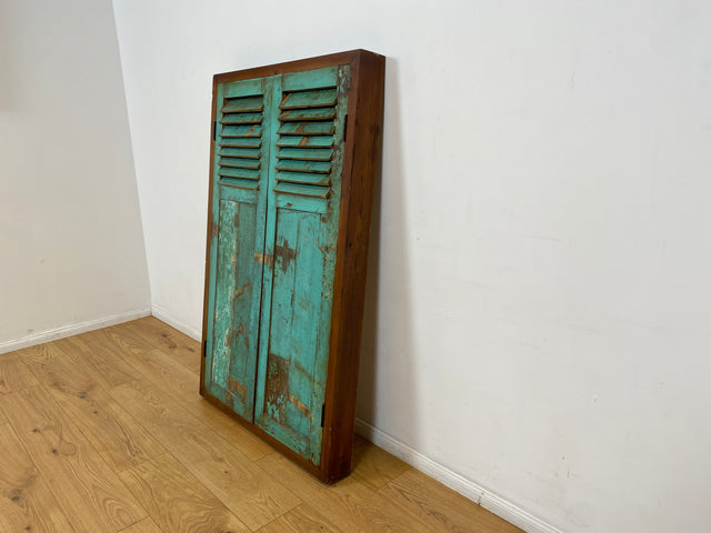 Boatwood by WMK I Einzigartiger großer Wandspiegel aus altem Bootsholz mit Fensterläden in Grün I handgefertigtes Unikat I Teakholz massiv I Ganzkörper Spiegel Stand Mirror Flur Tür Garderobe Lamellen