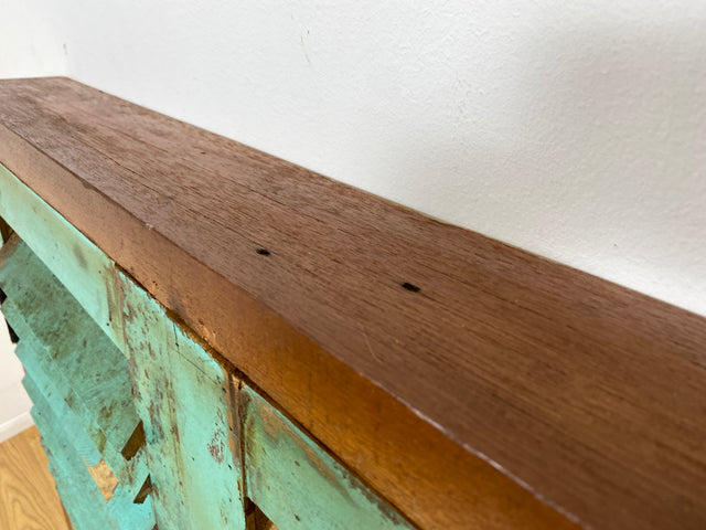 Boatwood by WMK I Einzigartiger großer Wandspiegel aus altem Bootsholz mit Fensterläden in Grün I handgefertigtes Unikat I Teakholz massiv I Ganzkörper Spiegel Stand Mirror Flur Tür Garderobe Lamellen