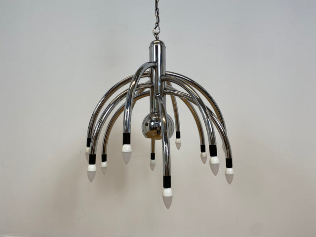 WMK # Stilvoller & gut erhaltener großer italienischer Space Age Designer Kronleuchter von Goffredo Reggiani aus Chrom, 13-flammig # Lampe Pendelleuchte Hängelampe Deckenlampe Luster Lamp Vintage 70er